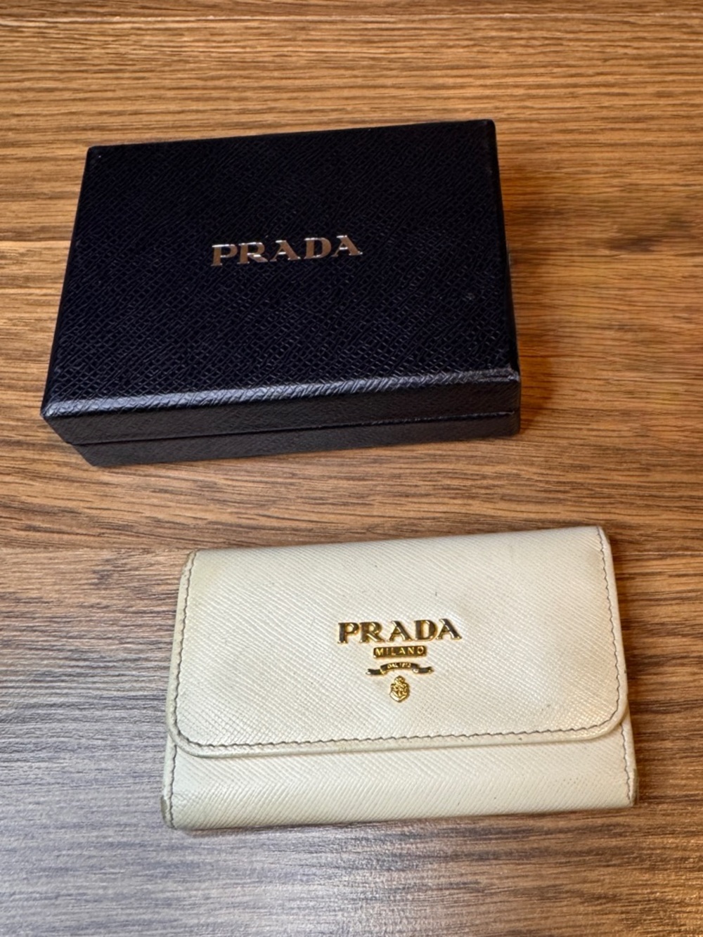 Prada Cream Saffiano Leather Key Wallet with Gold Logo and Box